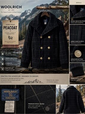 Woolrich Black Windowpane Double-Breasted Peacoat